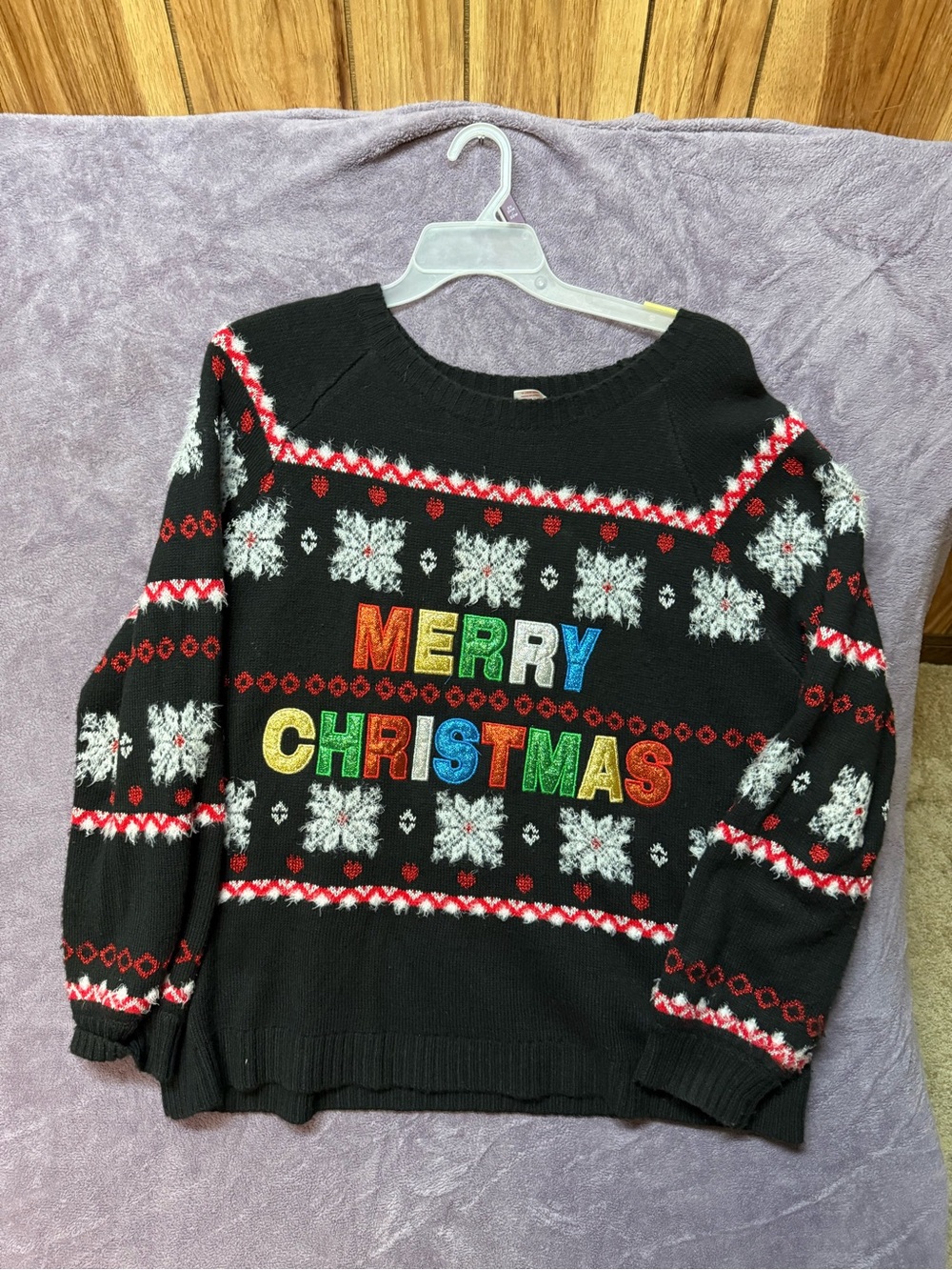 Holiday Time Black Crewneck Sweater with Multicolor 'MERRY CHRISTMAS' Lettering